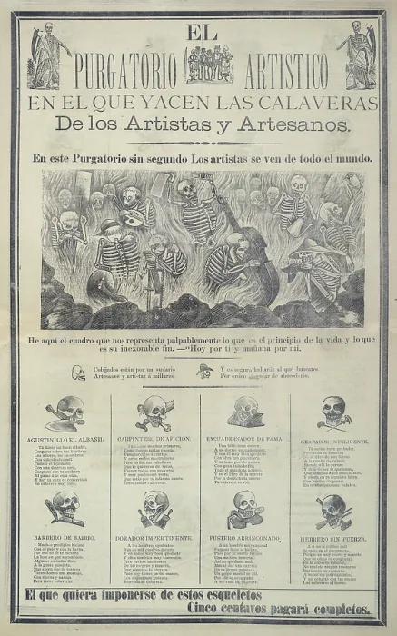 Framed Print : Hell, depicted in a broadside showing artists and artisans holding objects related to their professions, original title: El Purgatorio artistico
