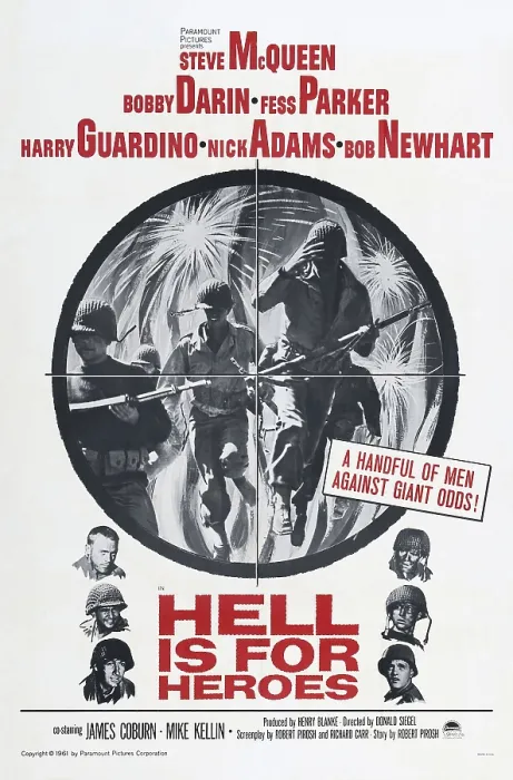 Framed Print : HELL IS FOR HEROES, US poster, left from top: Steve McQueen, Bobby Darin, Fess Parker, right from top: Harry Guardino, Nick Adams, Bob Newhart, 1962