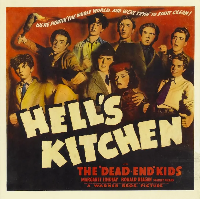 Framed Print : HELL'S KITCHEN, bottom right from left: Ronald Reagan, Margaret Lindsay with The Dead End Kids on window card, 1939