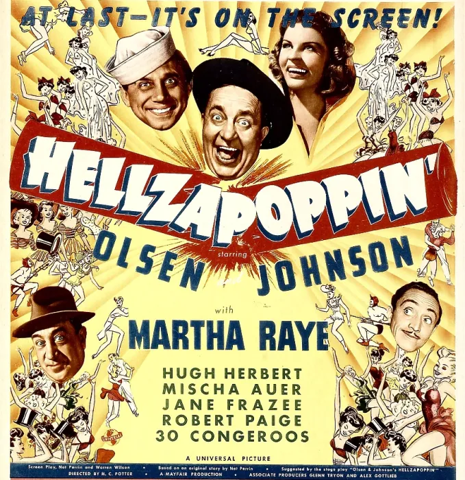 Framed Print : HELLZAPOPPIN, top from left: Ole Olsen, Chic Johnson, Martha Raye, bottom from left: Hugh Herbert, Mischa Auer on window card, 1941