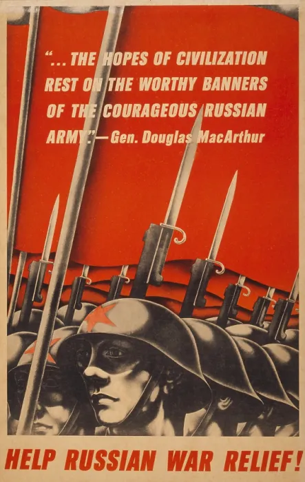 Framed Print : Help Russian war relief! American World War 2 poster depicting Soviet soldiers, with bayonets raised, and quotation by Gen. Douglas MacArthur. (BSLOC_2013-12_42)