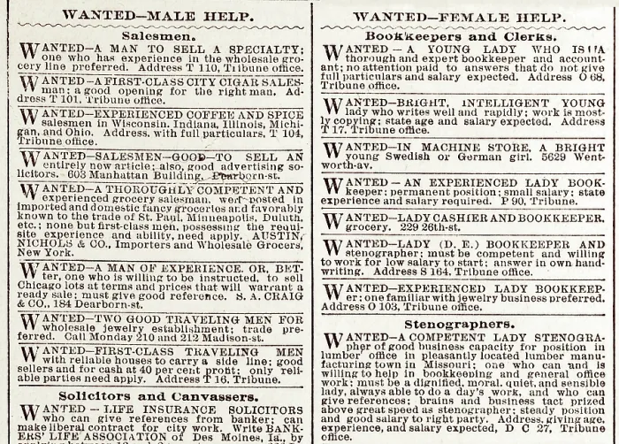 Framed Print : Help Wanted. Wanted--Male help; Wanted--Female help- Help wanted advertisments from the Chicago Tribune arranged in separate sections by gender. Jan 10, 1892