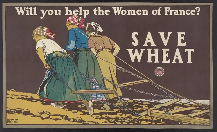 Framed Print : WILL YOU HELP THE WOMEN OF FRANCE? / SAVE WHEAT. American World War 1 poster based on the iconic photo of three French women pulling a plow Framed Print : WILL YOU HELP THE WOMEN OF FRANCE? / SAVE WHEAT. American World War 1 poster based on the iconic photo of three French women pulling a plow
