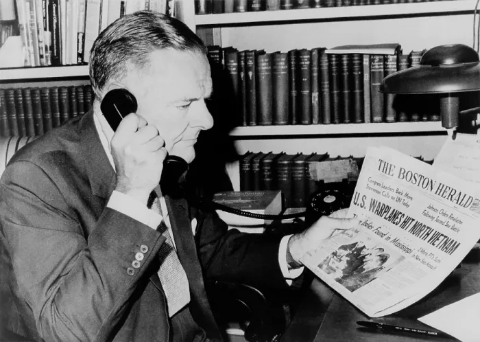 Framed Print : Henry Cabot Lodge, US ambassador of Vietnam (1963-1967), reading a newspaper headline about the Gulf of Tonkin incident. August 5, 1964 Framed Print : Henry Cabot Lodge, US ambassador of Vietnam (1963-1967), reading a newspaper headline about the Gulf of Tonkin incident. August 5, 1964