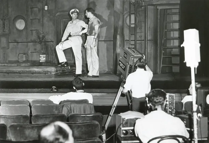 Framed Print : Henry Fonda plays to an audience of lights and television cameras from the Broadway stage Framed Print : Henry Fonda plays to an audience of lights and television cameras from the Broadway stage