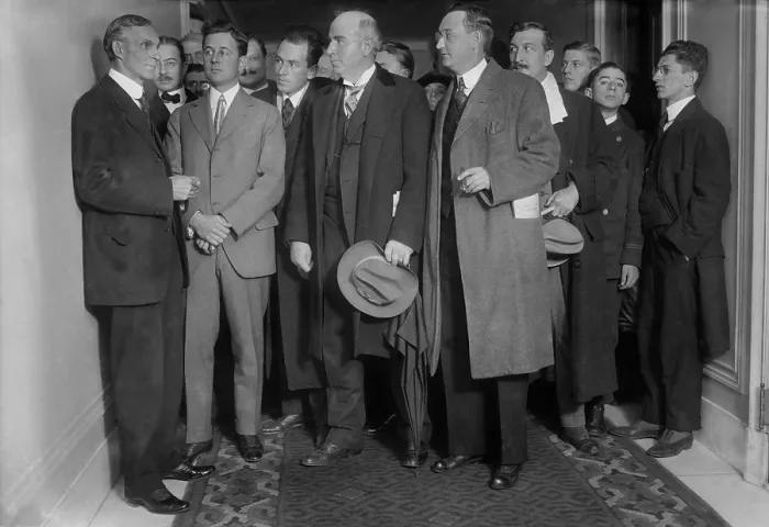 Framed Print : Henry Ford 1863-1947 with reporters on December 2 1915 the year he sponsored the Ford Peace Ship mission to end World War I. LC-DIG-ggbain-20519_DUPE
