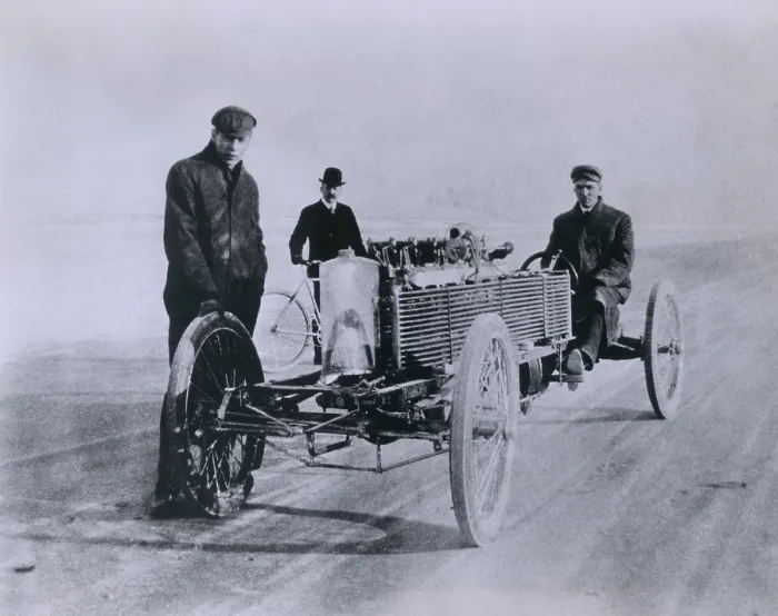 Framed Print : Henry Ford and August Degener with their six cylinder Ford racer at Daytona Beach in 1905