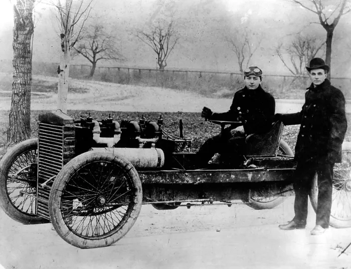 Framed Print : Henry Ford with driver Barney Oldfield in 'Old 99', an early Ford racing car, 1902. Courtesy: CSU Archives  /  Everett Collection