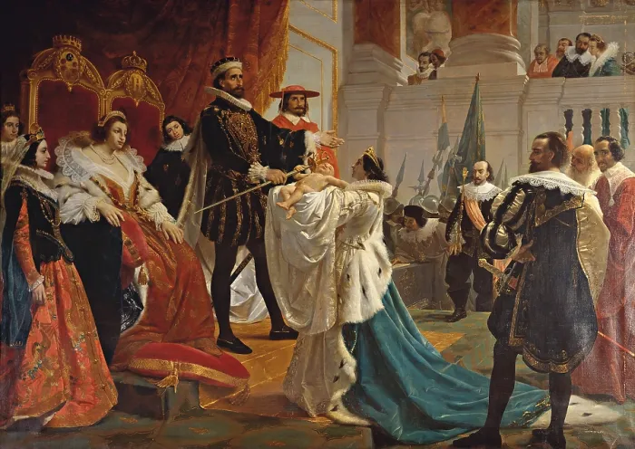 Framed Print : Henry the Fourth puts his sword in the hand of his son, by Agostino Caironi, 19th Century, oil on canvas - Italy, Lombardy, Milan, Brera Collection. Whole artwork view