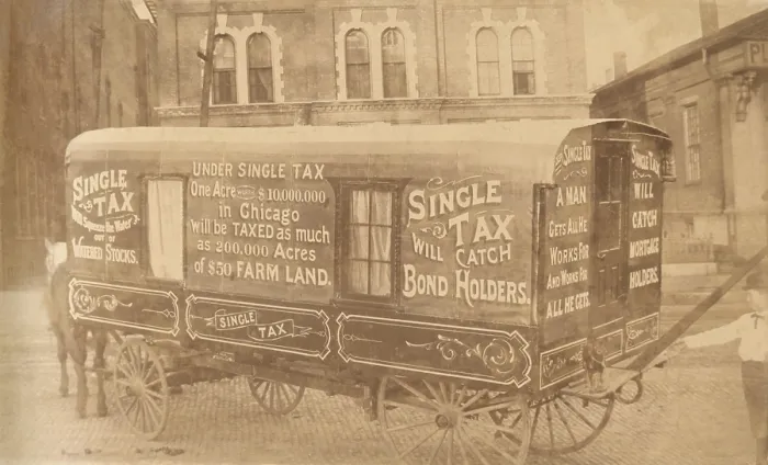 Framed Print : Henry George was an economist who believed value derived from land belonged to society. This wagon, c. 1890, displays slogans promoting Georges Single Tax