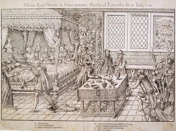 Framed Print : Henry II of France lies in bed surrounded by attendants after he was wounded while jousting during the celebration daughter's marriage to King Philip II of Spain