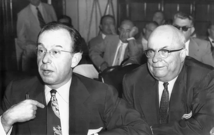 Framed Print : Henry Kaiser and his son Edgar appearing before the Senate Armed Forces Committee in Dec. 1953