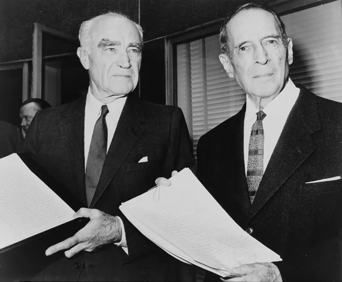 Framed Print : Henry R. Luce (1898-1967) and General Douglas MacArthur (1880-1964) holding hand-written pages of MacArthur's memoirs, that LIFE magazine had bought rights to publish. 1963