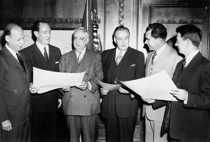 Framed Print : Herbert Brownell Attorney General from 1953-1957 with justice advisors. L to R Brownell William Rogers Fred Vinson Warren Burger VP Richard Nixon and J. Lee Rankin
