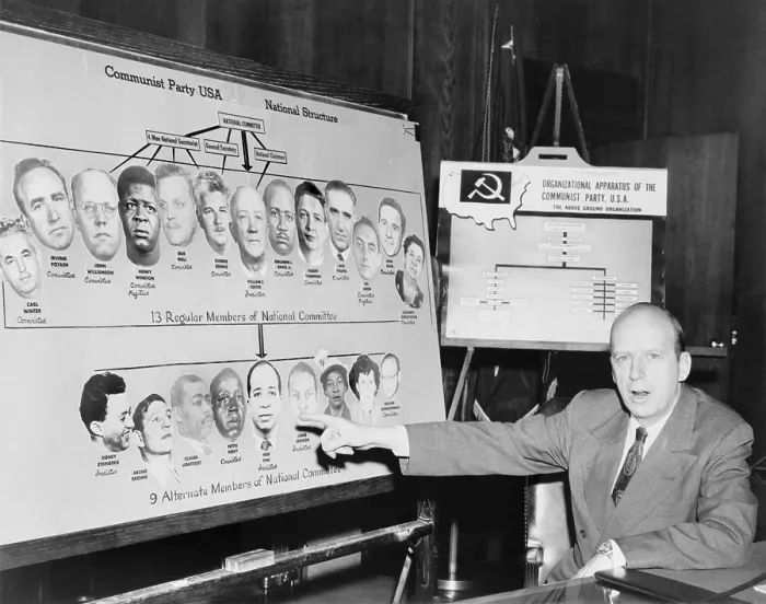 Framed Print : Herbert Brownell pointing to charts he used in a nationwide radio and TV speech. The charts document U.S. Government prosecutions and convictions of Communists