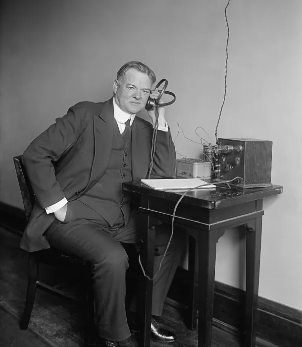 Framed Print : Herbert Hoover, Secretary of Commerce, listening to a radio on Dec. 31, 1924. (BSLOC_2015_16_51)
