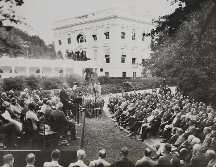 Framed Print : Herbert Hoover speaking to organizations at the White House Welfare Conference. Sept. 15, 1932