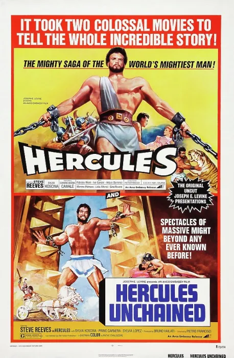 Framed Print : HERCULES, US 1973 double bill poster art, Steve Reeves, 1958; HERCULES UNCHAINED, Steve Reeves, 1959
