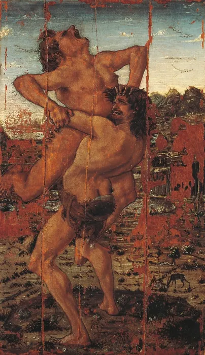 Framed Print : Hercules and Antaeus, by Antonio Benci known as il Pollaiolo, 1475 about, 15th Century, thick tempera on panel, cm 16 x 9 - Italy, Tuscany, Florence, Uffizi Gallery