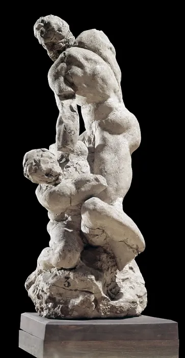 Framed Print : Hercules and Cacus, by Michelangelo Buonarroti, 15th Century, terracotta - Italy, Tuscany, Florence, Buonarroti House. Whole artwork view. Fight scene