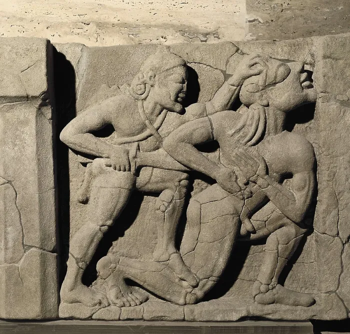 Framed Print : Hercules kills a Giant. 560 BC. 10th Labour of Hercules, where he should steal the cattle of the Giant Geryon. Decorative relief from the Temple of Hera Argiva. Archaic Greek art