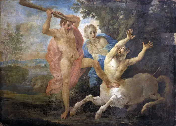 Framed Print : Hercules, Nessus, Deianira, by Unknown Roman Artist, 18th Century, oil on canvas - Italy, Lombardy, Milan, Castello Sforzesco, Civic Collection of Ancient Art. Whole artwork view Framed Print : Hercules, Nessus, Deianira, by Unknown Roman Artist, 18th Century, oil on canvas - Italy, Lombardy, Milan, Castello Sforzesco, Civic Collection of Ancient Art. Whole artwork view