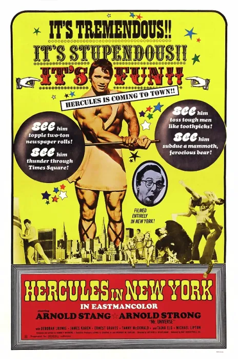 Framed Print : HERCULES IN NEW YORK, US poster, Arnold Schwarzenegger, Arnold Stang (in circle), 1969 Framed Print : HERCULES IN NEW YORK, US poster, Arnold Schwarzenegger, Arnold Stang (in circle), 1969