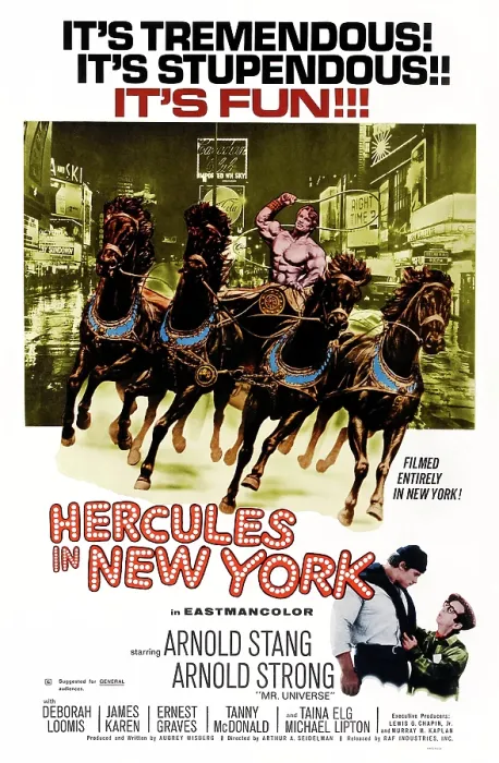 Framed Print : HERCULES IN NEW YORK, US poster, bottom from left: Arnold Schwarzenegger (as Arnold Atrong), Arnold Stang, 1969 Framed Print : HERCULES IN NEW YORK, US poster, bottom from left: Arnold Schwarzenegger (as Arnold Atrong), Arnold Stang, 1969