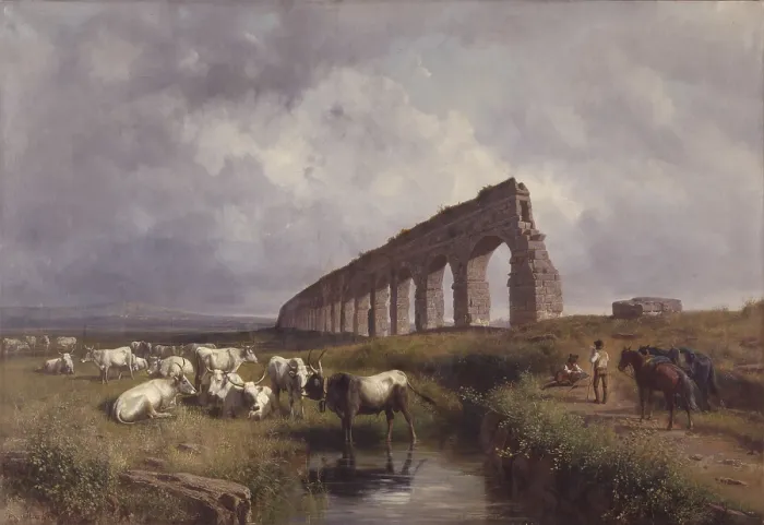 Framed Print : Herd of buffalo grazing (Mandria di bufali in pastura), by Andrea Mark, 1884, 19th Century, oil on canvas. - Italy, Lombardy, Milan, Brera Collection. Whole artwork view