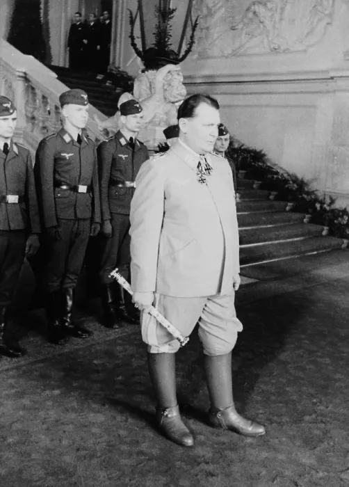 Framed Print : Hermann Goering at Castle Belvedere in Vienna, with German Luftwaffe personnel in background. The occasion was a state visit of Romanian leader General Antonescu, a German ally