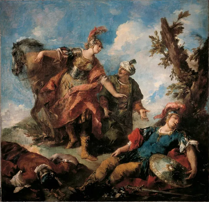 Framed Print : Herminia and Vafrino Find the Wounded Tancred, by Giovanni Antonio Guardi, 1750 - 1755 about, 18th Century, oil on canvas, cm 250 x 261 - Italy, Veneto, Venice