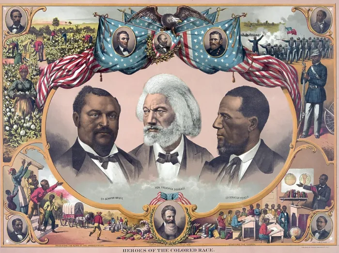 Framed Print : Heroes of the colored race: Blanche Bruce, Frederick Douglass, and Hiram Revels surrounded by scenes of African American life and portraits of John Lynch, Abraham Lincoln Framed Print : Heroes of the colored race: Blanche Bruce, Frederick Douglass, and Hiram Revels surrounded by scenes of African American life and portraits of John Lynch, Abraham Lincoln