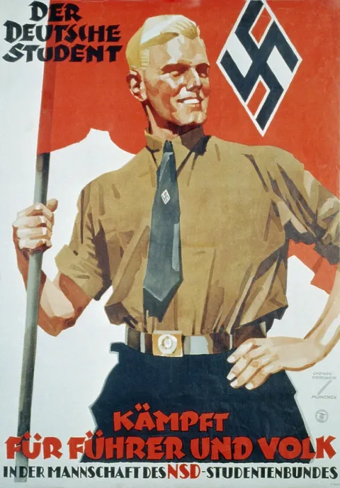 Framed Print : Heroic portrait of Hitler youth in uniform. Text reads: The German Student...Fights for Furher and People. Ca. 1935-1939 (BSLOC_2014_7_14)