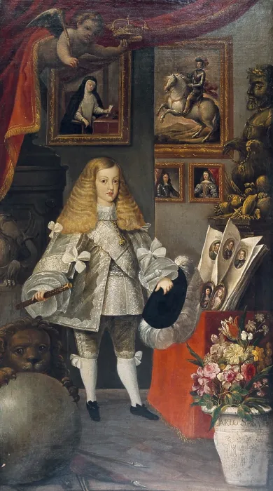 Framed Print : HERRERA BARNUEVO, SebastiAn de (1619-1671). Portrait of Charles II as a Child and his Ancestors. ca. 1667