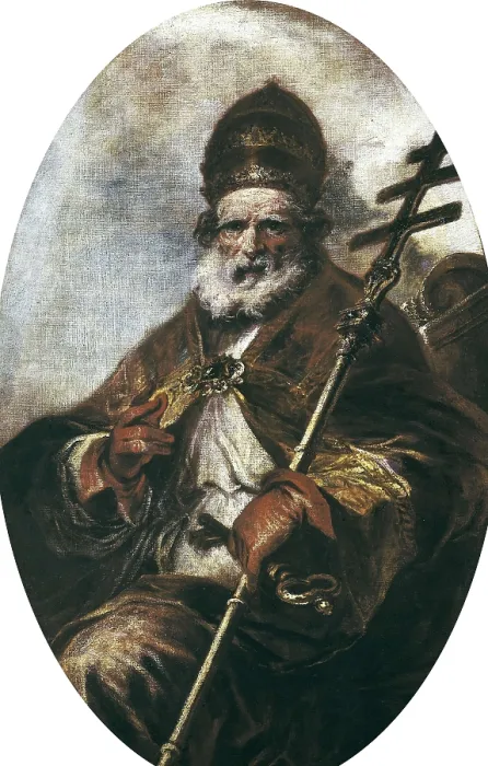 Framed Print : HERRERA, Francisco de, called 'el Mozo' (1622-1685). Pope St. 1660. Portrait seated and dressed as Pontiff with the Caravaca Cross. Oil on canvas. SPAIN. Madrid