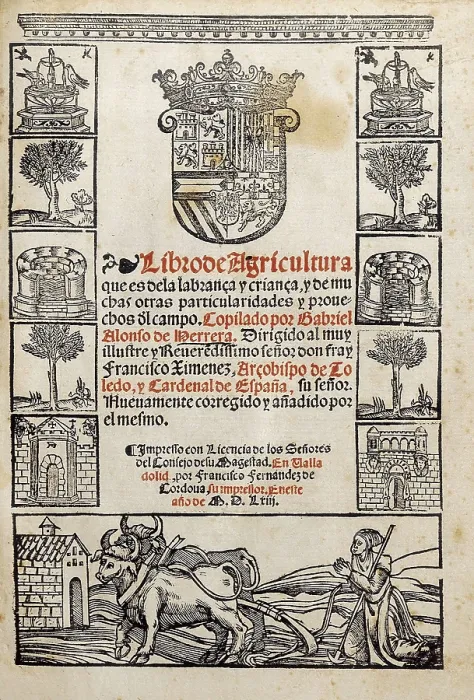 Framed Print : HERRERA, Gabriel Alonso de (1470-1539). Title page of the 'Book on Agriculture', work from 1513. Edition published in Valladolid in 1563. SPAIN. Salamanca Framed Print : HERRERA, Gabriel Alonso de (1470-1539). Title page of the 'Book on Agriculture', work from 1513. Edition published in Valladolid in 1563. SPAIN. Salamanca