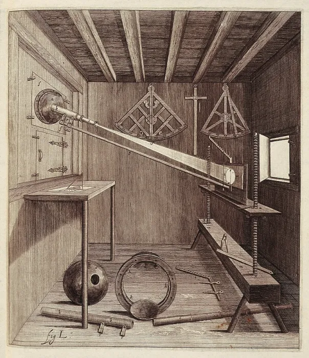 Framed Print : Hevelius, Johannes (1611-1687). German astronomer. Selenographia (1647). Illustration from the first detailed map of the Moon. Tools used for observation. SPAIN. Barcelona