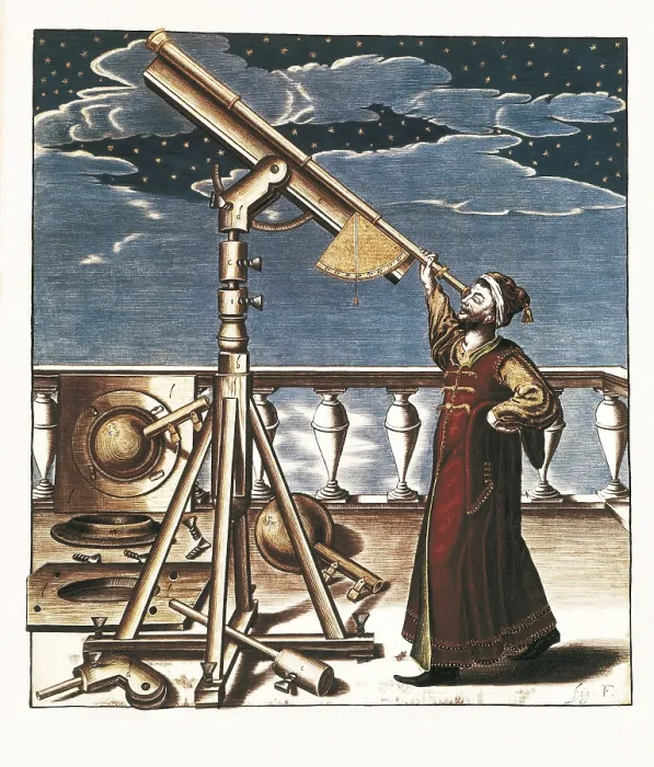 Framed Print : Hevelius, Johannes (1611-1687). 'Selenographia seu descriptio lunae' (1647). Illustration with Hevelius observing the firmament with a telescope. Etching. FRANCE. Paris
