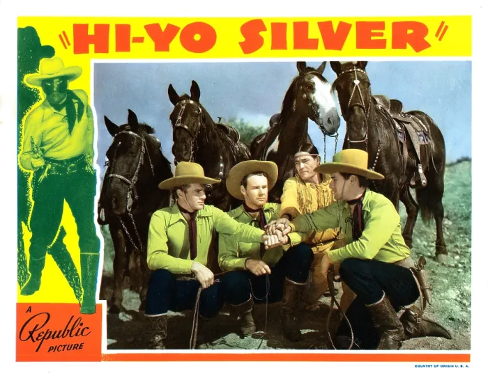 Framed Print : HI-YO SILVER, lobbycard, edited version of 1938 Republic serial THE LONE RANGER, left: Lee Powell, inset, from left: Hal Taliaferro, Lane Chandler, Chief Thundercloud, Lee Powell