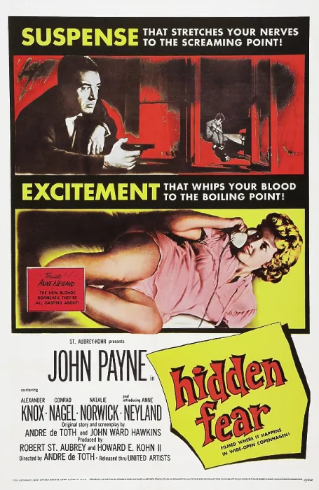 Framed Print : HIDDEN FEAR, US poster art, top: John Payne; bottom: Anne Neyland, 1957