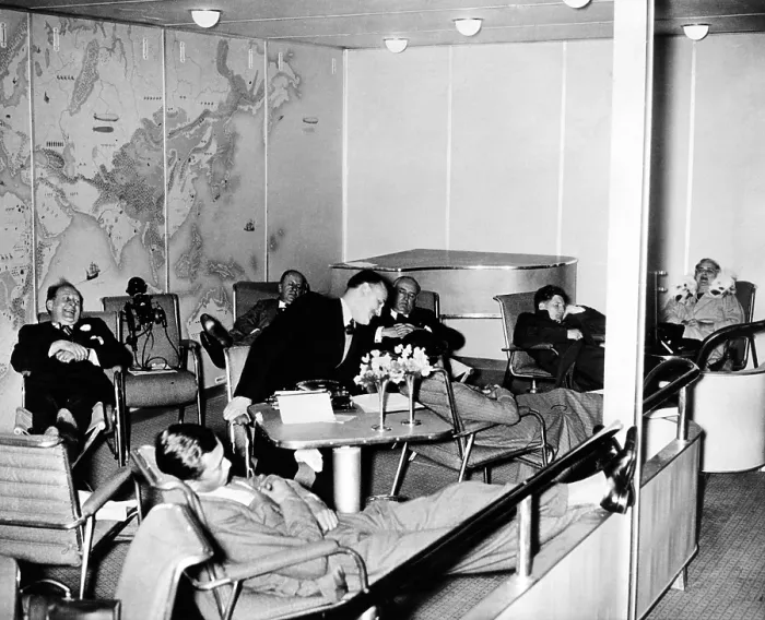 Framed Print : High life on the Hindenburg. Passengers aboard the Hindenburg at ease in the salon as the dirigible flew over the mid-Atlantic, en route to Lakehurst, NJ. May 10, 1936
