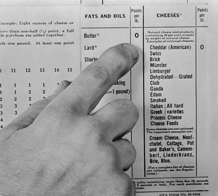 Framed Print : High ration point values on butter, lard, margarine, edible fats and oils discouraged use. World War 2, March 1943. (BSLOC_2013_14_165)