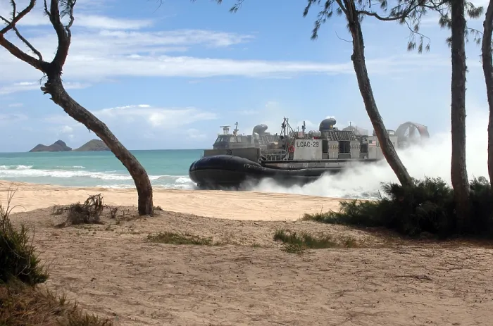 Framed Print : High-speed over-the-beach amphibious landing craft approaching a beach on an air cushion that allows a dry beach landing Framed Print : High-speed over-the-beach amphibious landing craft approaching a beach on an air cushion that allows a dry beach landing