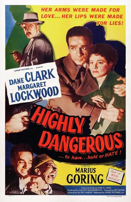 Framed Print : HIGHLY DANGEROUS, US poster art, from top left: Marius Goring, Dane Clark, Margaret Lockwood; bottom left: Dane Clark, 1950