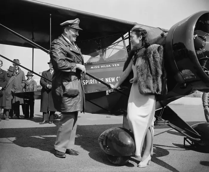 Framed Print : Hilds Yen, Chinese Aviatrix, receives the gift of new plane from Col. Roscoe Turner, April 1939 Framed Print : Hilds Yen, Chinese Aviatrix, receives the gift of new plane from Col. Roscoe Turner, April 1939
