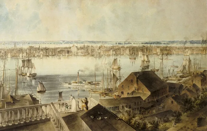 Framed Print : HILL, John William (1812-1879). View of New York from Brooklyn Heights. ca. 1836. Watercolour. SPAIN. Madrid. Thyssen-Bornemisza Museum of Art