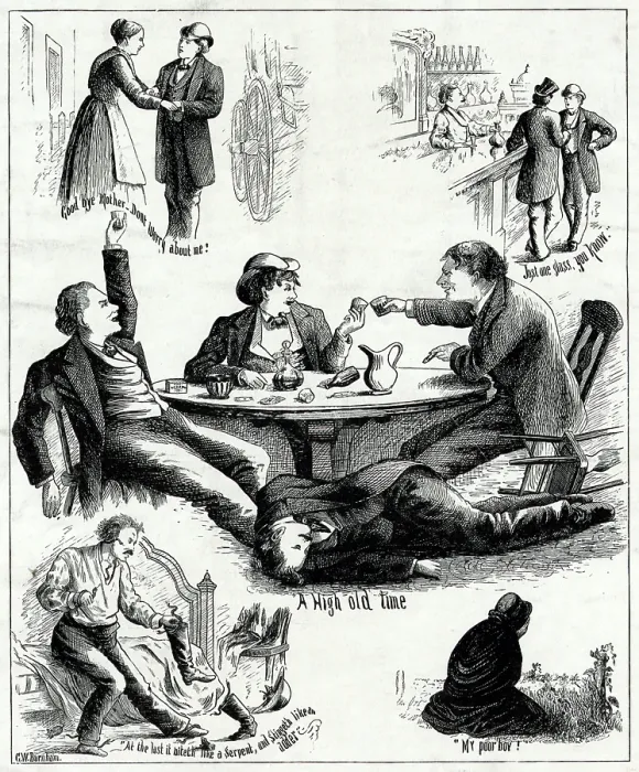 Framed Print : The down hill road. Temperance print showing a young man taking leave of his mother, giving in to alcohol, and ending in the grave over which his mother mourns. lithograph ca