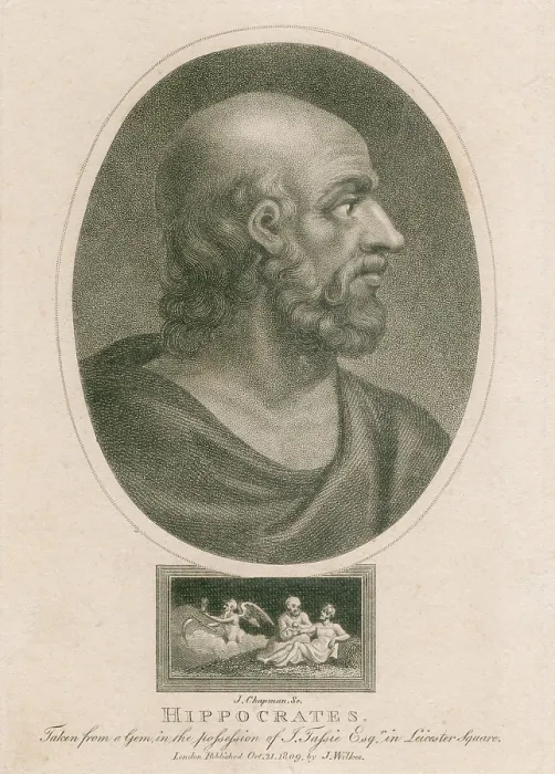 Framed Print : Hippocrates (460-375 BC). Engraving from a ancient gemstone. Ca. 1800 by J. Chapman