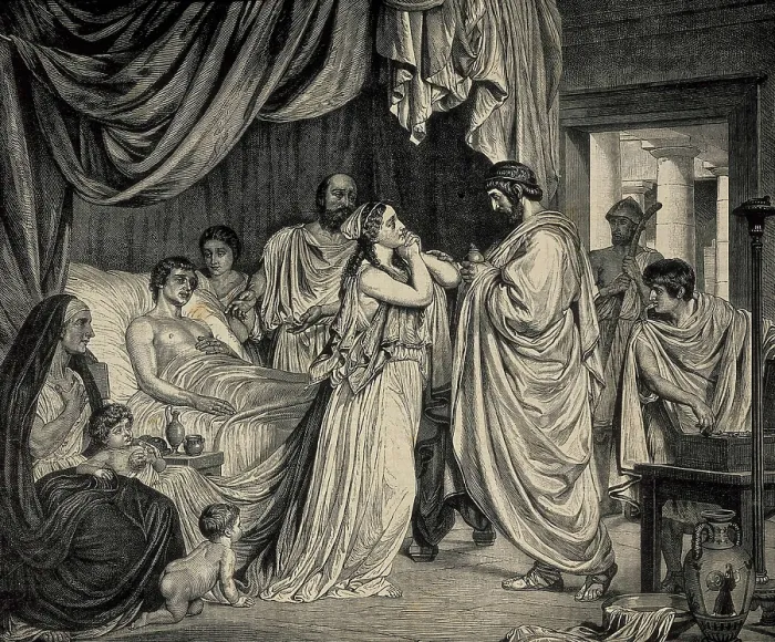 Framed Print : HIPPOCRATES (c. 460 BC - 377 BC). Hypocrates attending to a patient in Athens. Engraving. AISA / Everett Collection**US SALES ONLY** Framed Print : HIPPOCRATES (c. 460 BC - 377 BC). Hypocrates attending to a patient in Athens. Engraving. AISA / Everett Collection**US SALES ONLY**