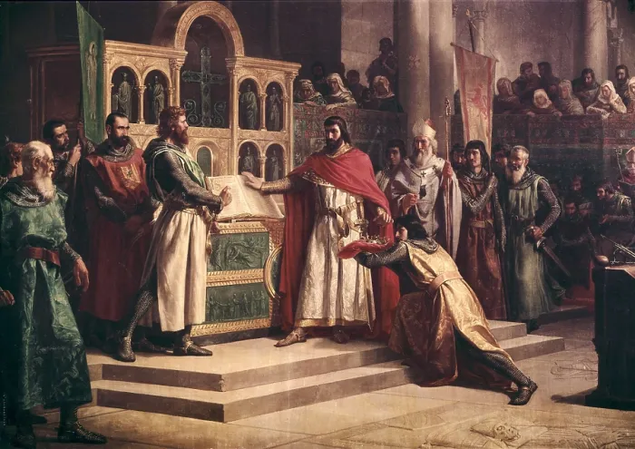Framed Print : HIRALDEZ DE ACOSTA, Marcos (1830-1896). The Oath of Santa Gadea. 1864. The Cid Campeador taking the oath to Alfonso VI of Castile (1072). Detail. Oil on canvas. SPAIN. Madrid